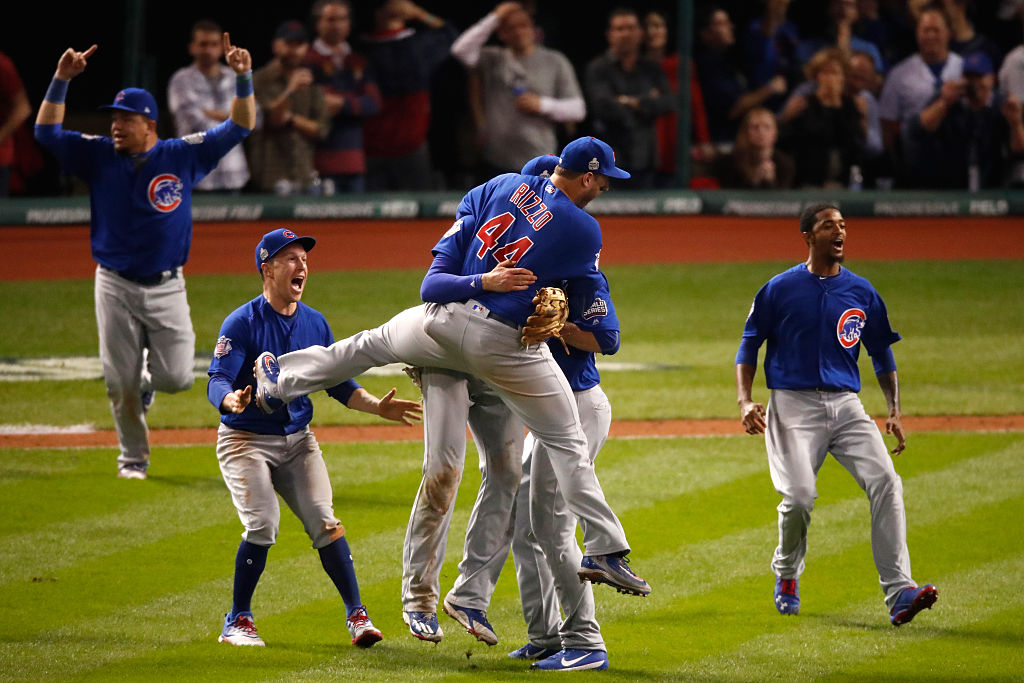 CLEVELAND, OH - NOVEMBER 02: The Chicago Cubs celebrate after winning 8-7 in Game Seven of the 2016 World Series at Progressive Field on November 2, 2016 in Cleveland, Ohio. (Photo by Gregory Shamus/Getty Images)